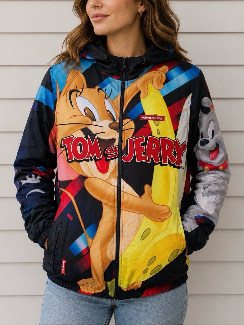 Members Only Unisex Black Multi-Color Tom & Jerry Windbreaker Jacket Size Small
